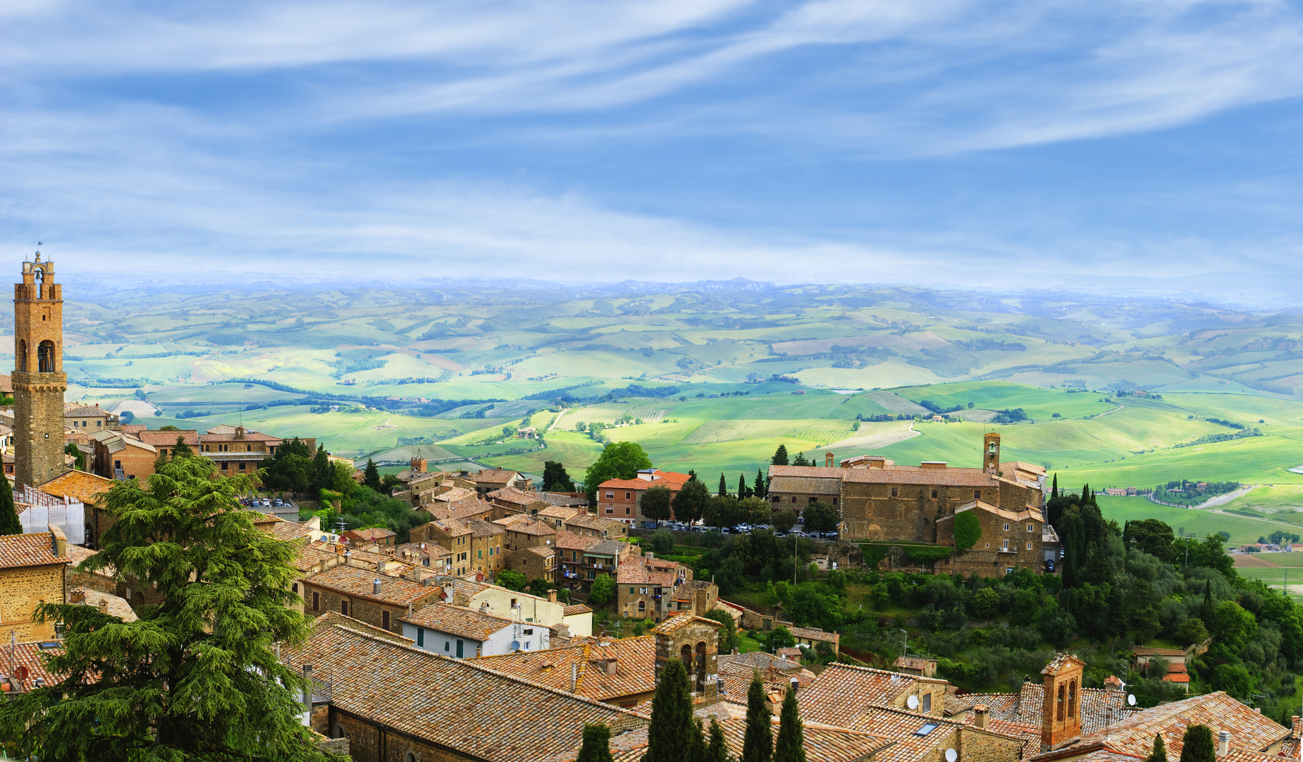 The ancient Italian town of Montalcino. Panoramic view from the city tower.